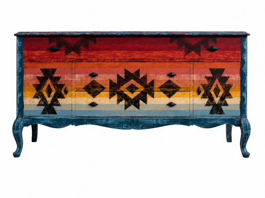 Furniture piece with a colorful geometric pattern on a white background