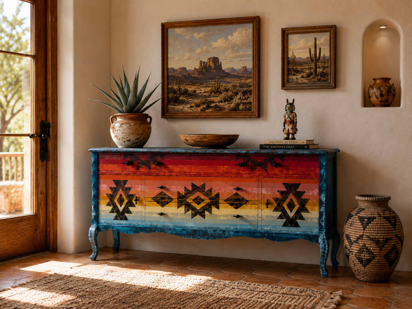 Colorful patterned cabinet in a room with desert-themed decor