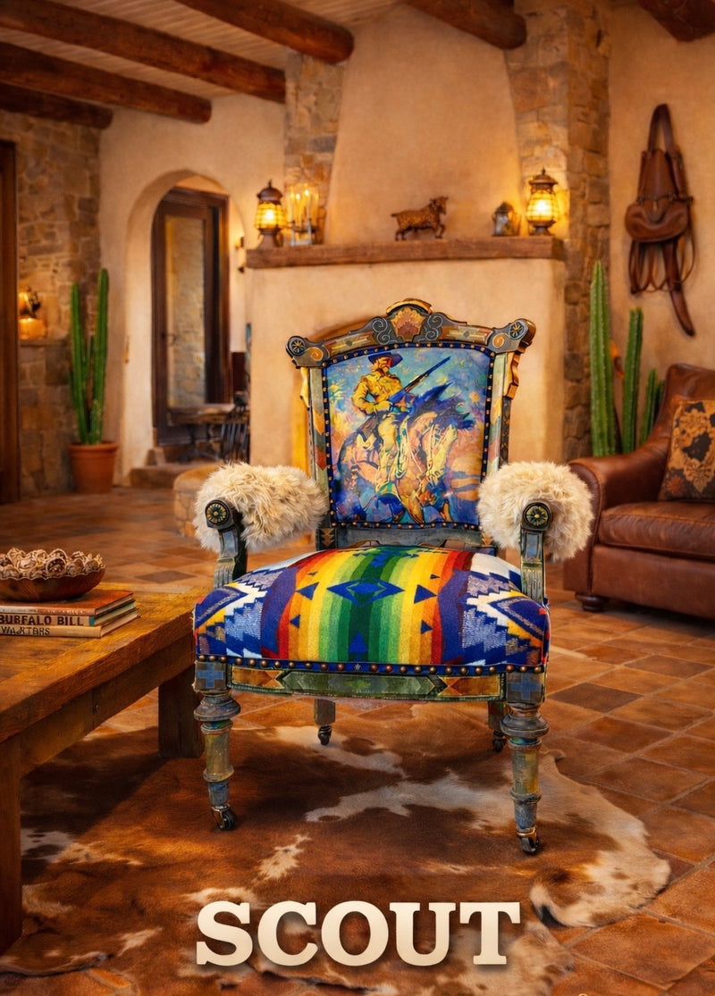 western upholstered chair with bright southwestern fabric in rustic living room setting