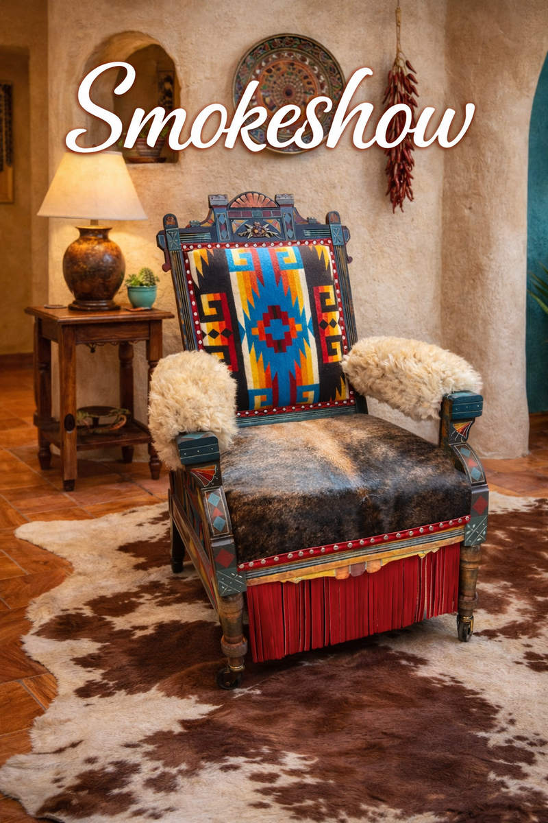 western upholstered chair with southwestern fabric, cowhide seat and fringe