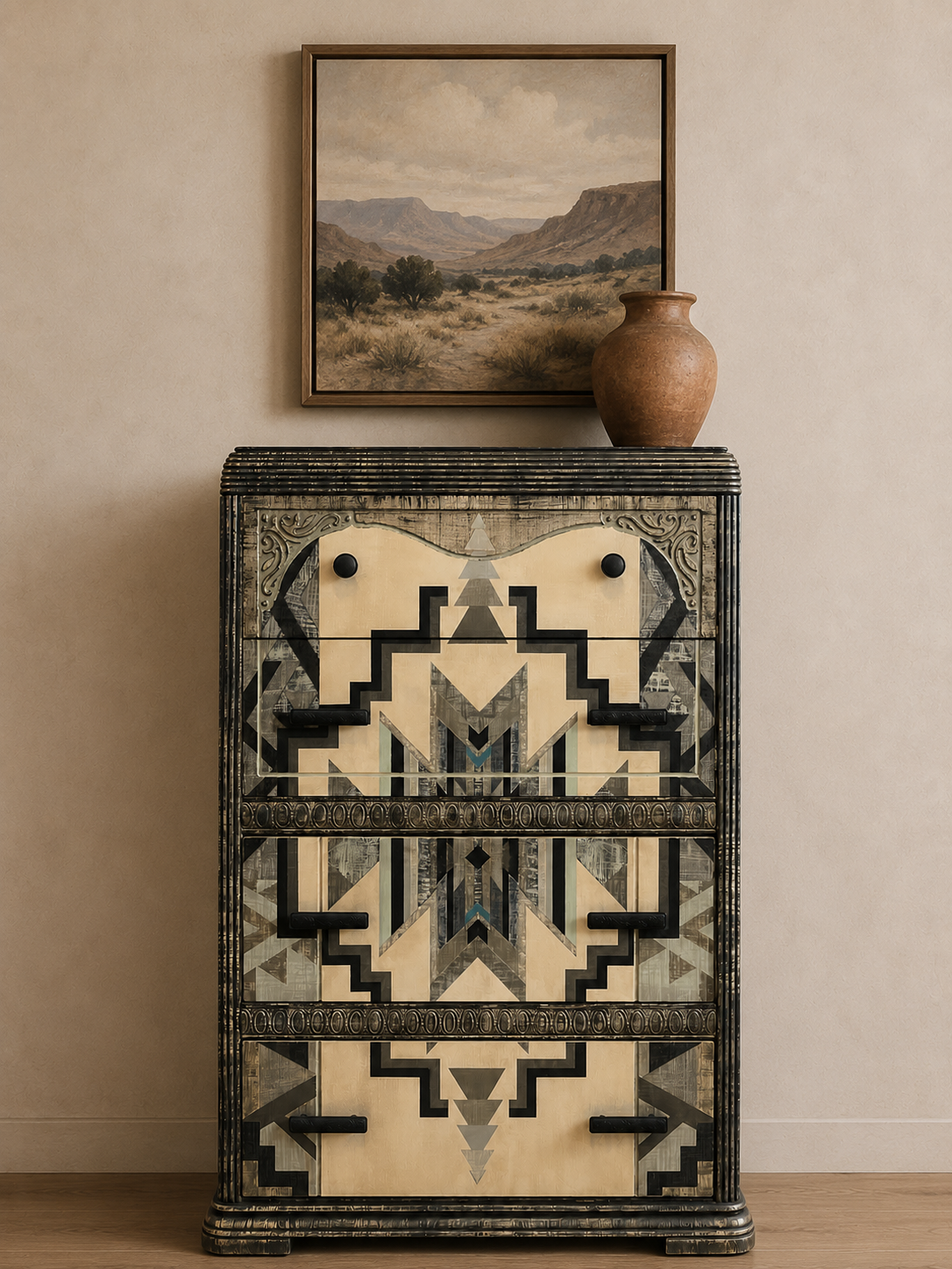 Decorative cabinet with geometric pattern, framed landscape painting, and vase on a beige wall.