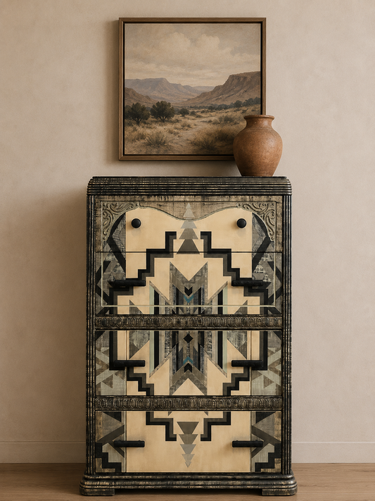 Decorative cabinet with geometric pattern, framed landscape painting, and vase on a beige wall.
