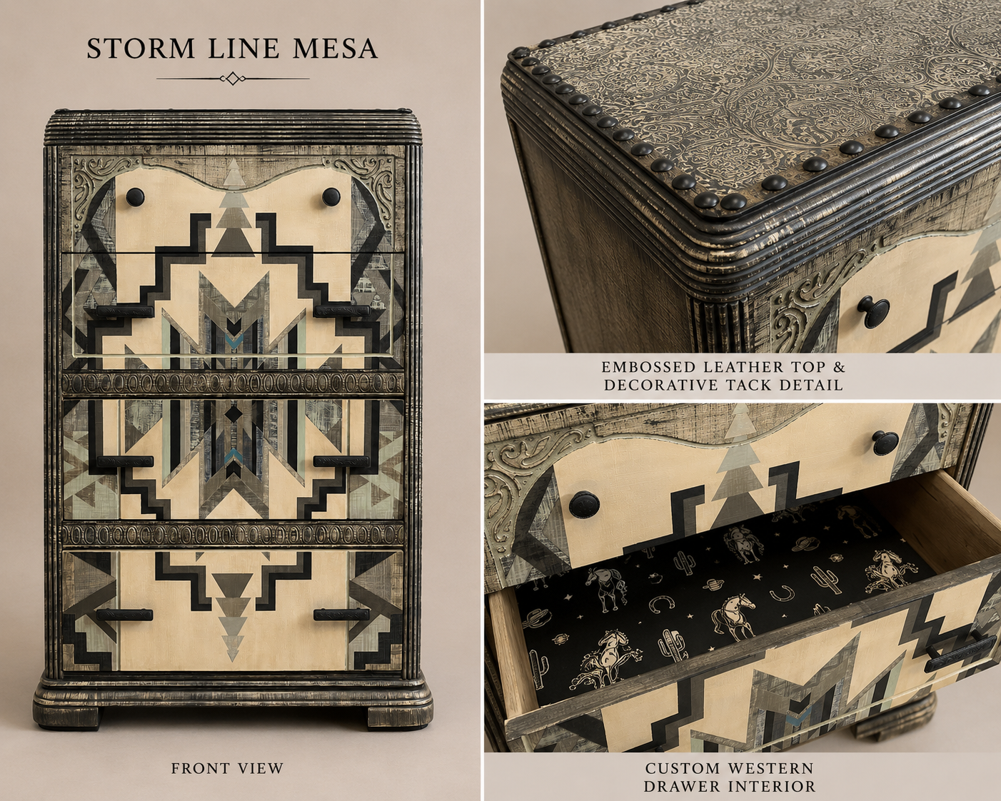 Decorative wooden chest with embossed leather top and geometric patterns, featuring 'Storm Line Mesa' branding.