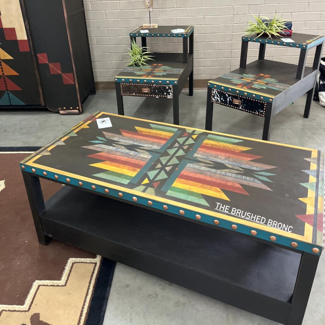 table and side tables handpainted by the brushed bronc