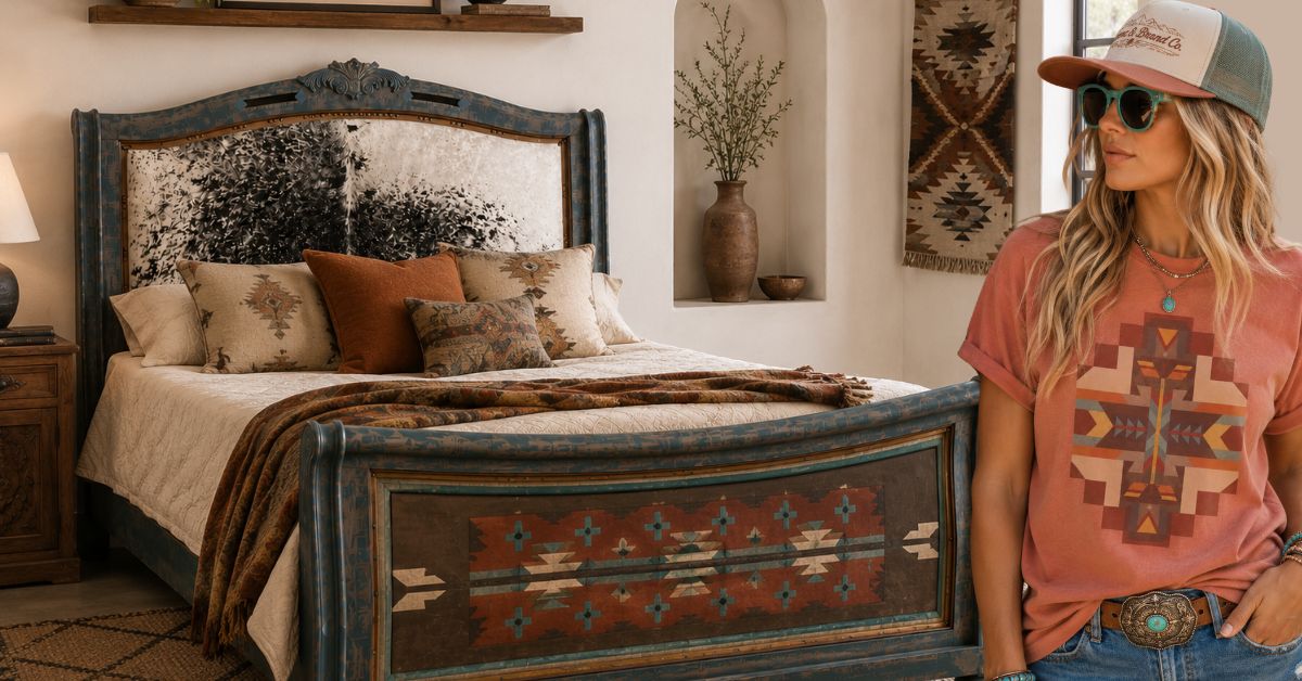 A woman wearing a bronc and brand co southwestern-style graphic t-shirt and cap stands next to a rustic, hand-painted wooden bed with a matching patterned headboard and footboard in a warm, neutral-toned bedroom.